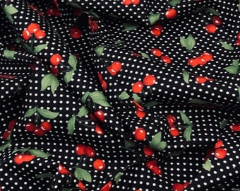 Black Multicoloured Polka Dot Cherries 100% Cotton Fabric 45'' PRICE PER METER