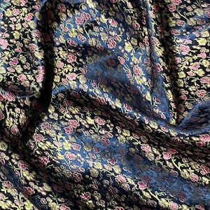 Navy Multicoloured Ditsy Floral Chinese Brocade Fabric 58&#39;&#39; PRICE PER METER