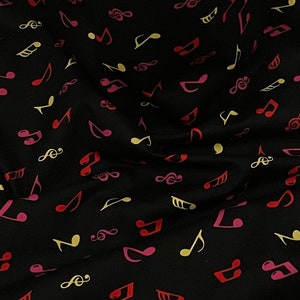 Black Multicoloured Musical Notes 100% Cotton Fabric 45&#39;&#39; PRICE PER METER
