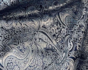 Navy Silver Paisley Metallic Brocade Fabric 58'' PRICE PER METER