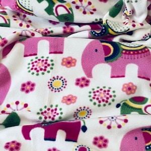 White Multicoloured Elephant Polar Fleece Fabric 58&#39;&#39; PRICE PER METER