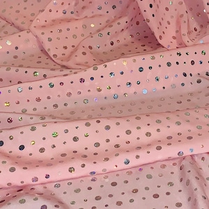 Baby Pink Holographic Polka Dot Foil Satin Fabric 45&#39;&#39; PRICE PER METER