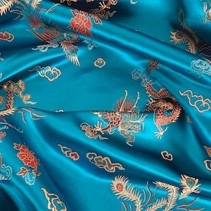 Turquoise Multicoloured Dragon Chinese Brocade Fabric 45'' PRICE PER METER