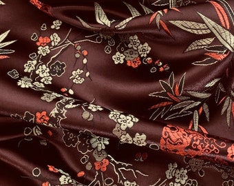 Maroon Medallion Blossom Flower Chinese Brocade Fabric 45'' PRICE PER METER