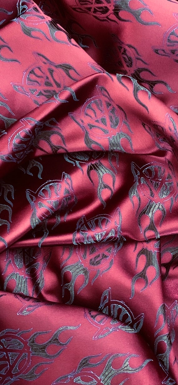 Wine Red Black Flames Chinese Brocade Fabric 45'' PRICE PER METER -   Canada