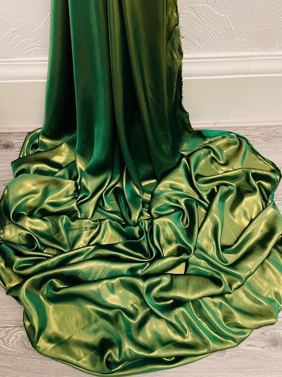 Emerald Green Gold Shimmer Satin Fabric 58'' PRICE PER METER