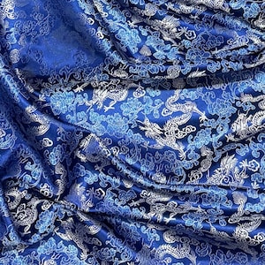 Royal Blue Silver Dragon Chinese Brocade Fabric 45'' PRICE PER METER