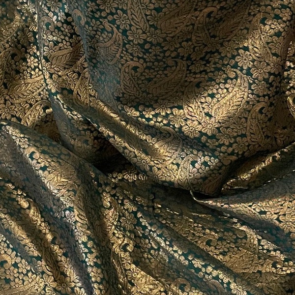 Forest Green Gold Paisley Floral Banarasi Brocade Fabric 50’’ PRICE PER METER