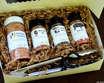 Set de regalo en caja de condimentos para barbacoa SeasonInn, condimentos para ahumadores o parrillas con pinzas, mezclas de hierbas y especias naturales, regalo para papá o para él