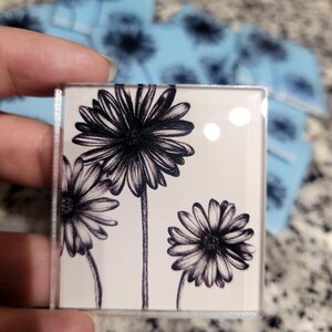 Black and white daisy flower acrylic magnet 1.8inx2in. Original charcoal flower art