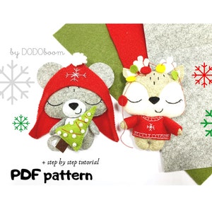 Felt Christmas set, Felt New year Woodland Animals Pattern, Mouse PDF Sewing, New year mouse diy, deer holiday decoration, Deer toy ornament