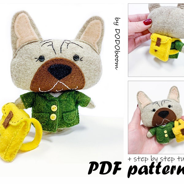 Felt dog with clothing Felt doll pattern Doll coat pattern Felt doll backpack tutorial French bulldog Doll apparel Doll felt bag pattern