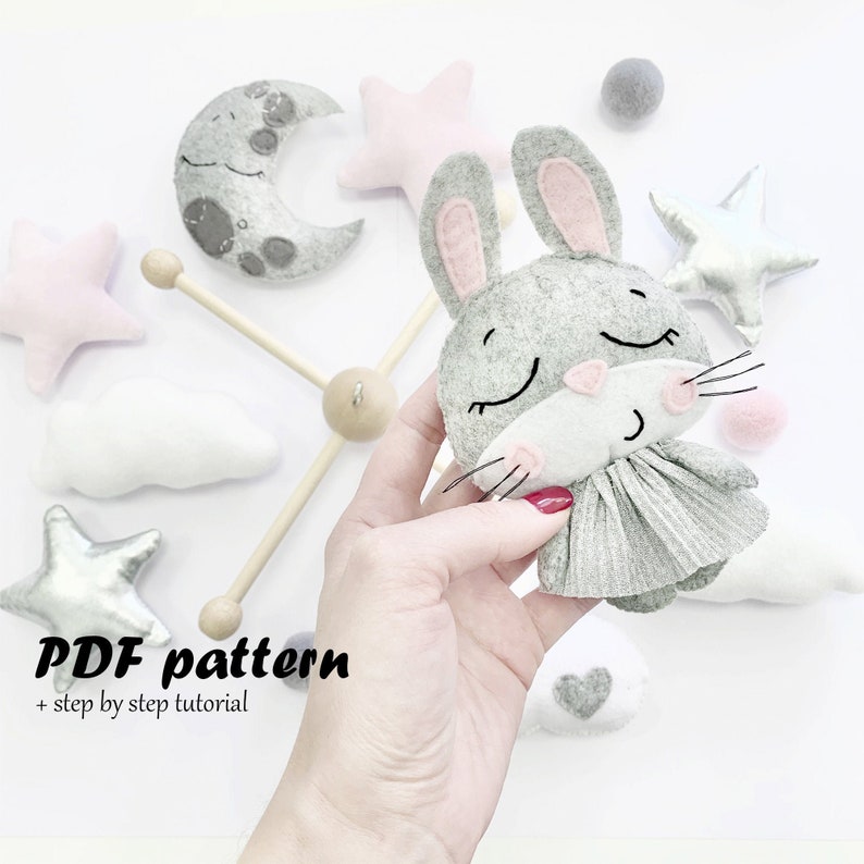 Gray Crib Mobile Pattern Bunny Mobile Diy Stuffed Rabbit Etsy