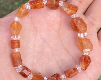 Handmade Hessonite Garnet & Herkimer Diamond Quartz Bracelet