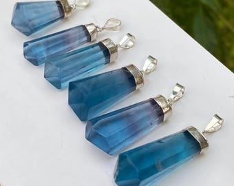 6 Pieces Natural Fluorite Pendants with 925 Silver /Gemstone/Necklace/Jewellery