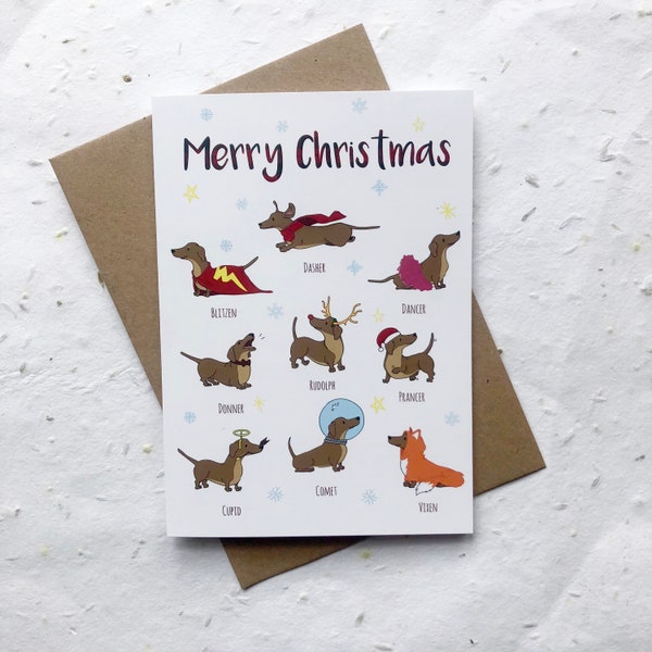 Santa's Little Helpers Christmas Card | Santa's Dachshund Reindeer | Sausage Dog Christmas Cards | Pet Owner Christmas Card
