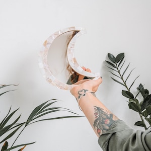 Mother Of Pearl Moon Mirror / Crescent Moon Mirror / Celestial Mirror / Boho Moon Mirror / Small Hanging Mirror