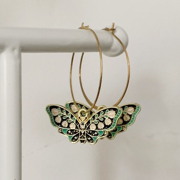 Marquetry Green and Blue Butterfly Earrings