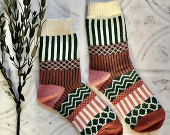 Chaussettes d’hiver, chaussettes mignonnes, chaussettes géométriques, chaussettes Boho, chaussettes chaudes, chaussettes à motifs, cadeau pour elle