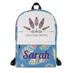 Personalized Blue Feather Catch Your Dream Backpack/ Backpack for women/ Travel backpack/ Weekend Backpack/ teen gift/ gift for her/ school
