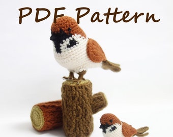 Sparrow Bird and Log Crochet PDF instant Download Pattern cute realistic crochet animal Forest Collection