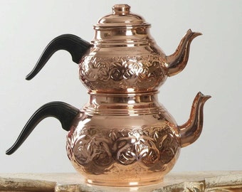 Copper Turkish Double Tea Pot Tea Kettle Handmade Decorative Tea Maker