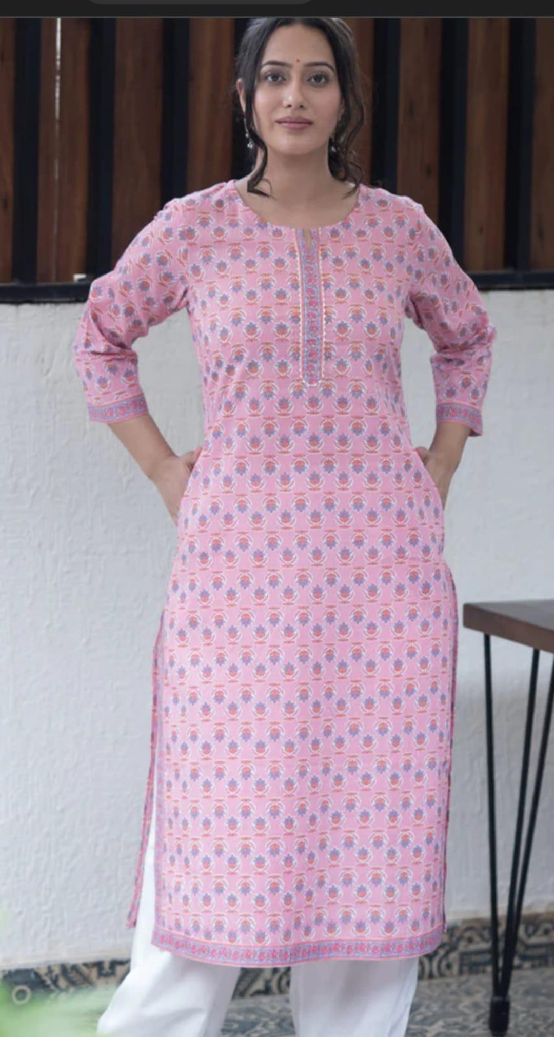 Ivory Geometric Cotton Kurta with Border – Hand Block Printed Tunic