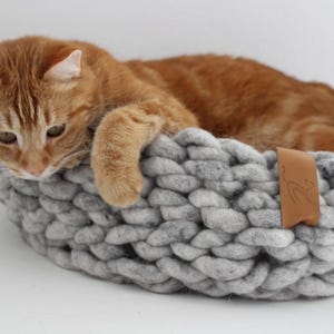 Könnte beinhalten: Eine orangefarbene getigerte Katze liegt in einem grauen, grob gestrickten Haustierbett. Das Bett hat eine gewebte Textur und ein kleines braunes Lederetikett. Die Katze ist zusammengerollt, die Pfoten ruhen am Bettrand.