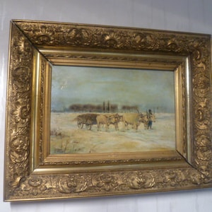 Alfred Steinacker „Zimowy krajobraz z zaprzęgiem wołów załadowanym chrustem w rozległym krajobrazie Pusty” (1838 Ödenburg-1914 Wiedeń)