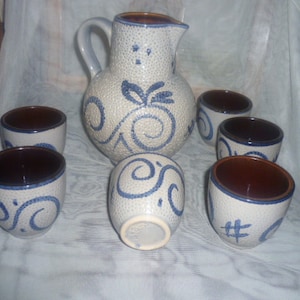 Scheurich Keramik 6 cups juice jug & blue decor Mid Century 70s 418-20 and matching cups 418-7 west german pottery