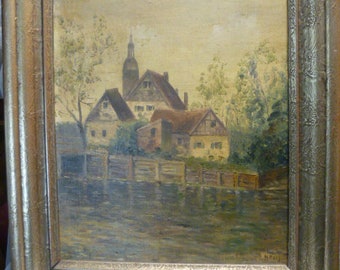 Hans Reif Lahrer artist early work 1913- 2005&quot; Vaihingen an der Enz idyllic village view with half-timbered houses &quot; oil painting on canvas