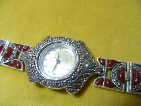 Coral and marcasite studded women's wristwatch in… - image 3