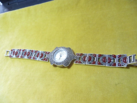 Coral and marcasite studded women's wristwatch in… - image 1
