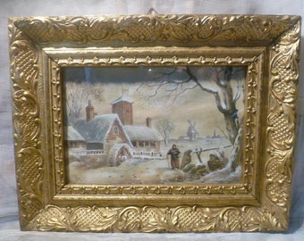 Anton Doll 1826 Munich 1887 "Paysage d'hiver hollandais avec moulin à eau à gauche d'une femme de fermier allant chercher de l'eau, fond de moulin + 1 village"