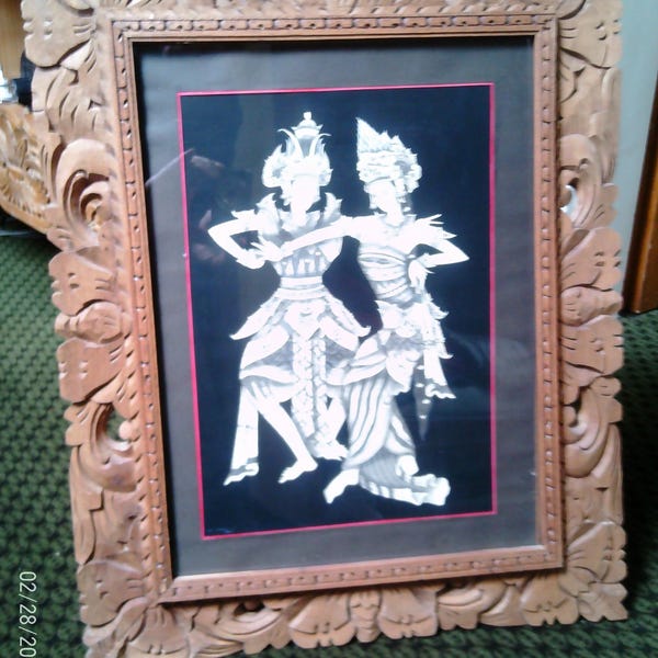 Ubud Bali Keliki Kawan Dancer Dibujo de tinta tradicional con marco original Firmado:Yari Lodra Tsali Marco de madera de teca tallada a mano
