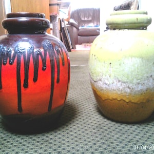 Vulkan 2 X Fat Lava Fabiola Asiatika Scheurich floor vase 286-42, 44 cm high from 1982 German ceramics from the time of the economic miracle!