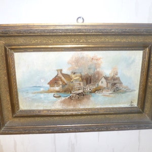 Landscape romanticist probably Munich around 1870 -90 &quot; Fishermen&#39;s houses on the beach or on a lake , signed ligated ? Late impressionistic