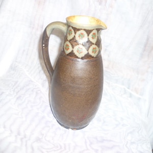 Pitcher jug ceramic around 1880-1900 in floral band of the Bunzlauer style decor in the stand with the manufacturer&#39;s stamp