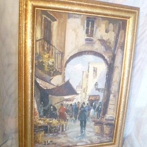 Escena callejera concurrida en Turín"Cuadro firmado Pintura al óleo sobre cartón firmada a la izquierda