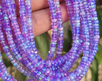 Rondelle de perles d'opale lavande AAA, perles d'opale d'Éthiopie, briolette d'opale violette naturelle flashy, perles d'opale de feu Welo, rang de pierres précieuses lisses.