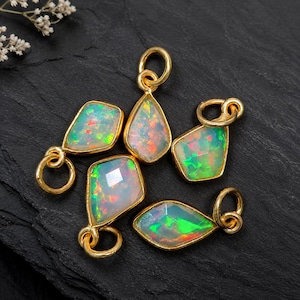 Fire Opal Charm • Rose Cut , October Birthstone (7-9 mm), Ethopian Opal Minimalist Pendant Necklace,  14k Gold & Sterling Silver fancy shape
