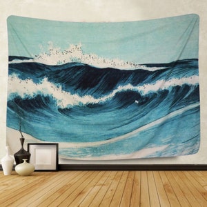 Ocean Tapestry, Wall Hanging Blue Watercolor Ocean Waves Wall Art Tapestries, Japanese Anime Sea Wave tapestry Bedroom Aesthetic Home Dorm