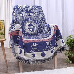 Astrology, Woven Throw Blanket For Sofa, Couch Bed Chair, Cotton Throw, Cover Boho Tassels, Bohemian Hippie Zodiac Celestial Constellation