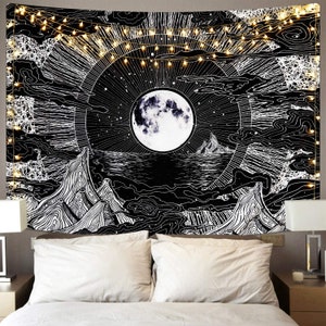 Moon and Star Tapestry, Clouds Tapestries, Black Tapestry, Psychedelic Mountain Tapestry, Wall hanging for room, Mystic Tapestry, Mountains