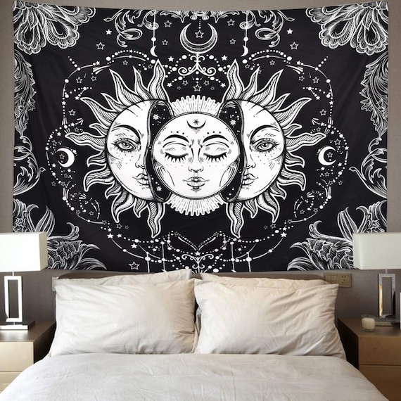 Sun and Moon Tapestry Burning Sun With Stars Psychedelic Popular