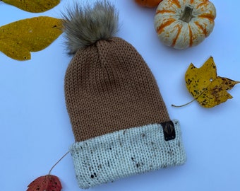 Handmade Knit Winter Hat - Tan and White with Detachable pompon and versatile ways to wear