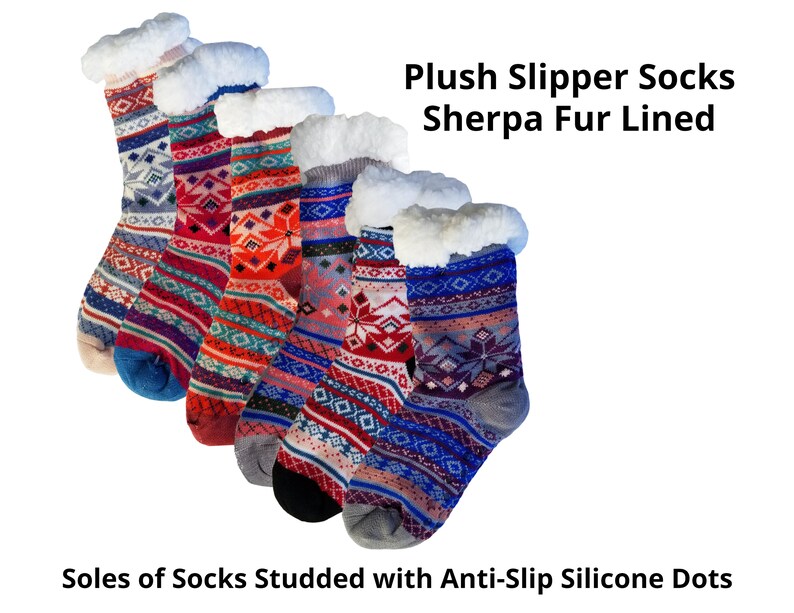 THERMAL SLIPPER SOCKS, Plush Sherpa Fur Lined Slipper Socks, Soft and Thick, Silicone Grip Dots at Sole, Unisex, Fast Shipping 