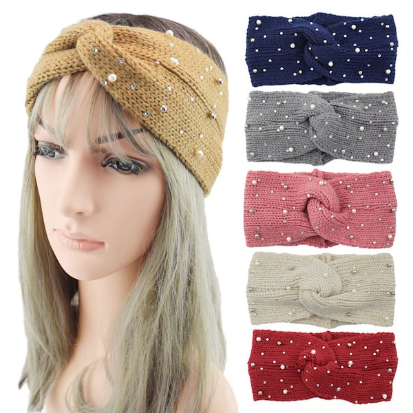 KNITTED EAR WARMER with Assorted Pearls and Crystal Beads, Soft and Warm, Stretchy and Elastic, Fast Shipping