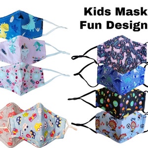 KIDS FUN PRINT Face Masks Washable, 2 Layer, Nose Wire, Adjustable Ear Loops & Filter Pocket. Great fit. Fast Shipping