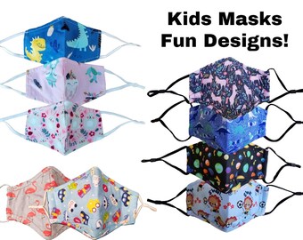 KIDS FUN PRINT Face Masks Washable, 2 Layer, Nose Wire, Adjustable Ear Loops & Filter Pocket. Great fit. Fast Shipping